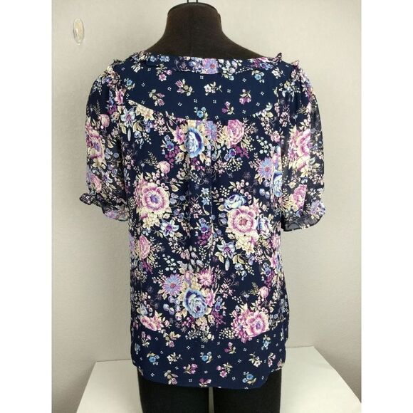 Ann Taylor Loft Floral Print Ruffle Top Blue sz M - Picture 2 of 10